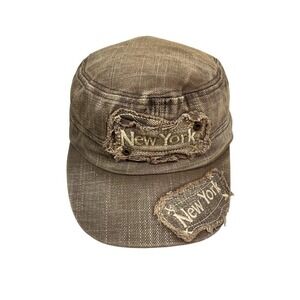 New York New York Cadet Hat Adjustable Buckle Distressed Beige Tan Women OSFA
